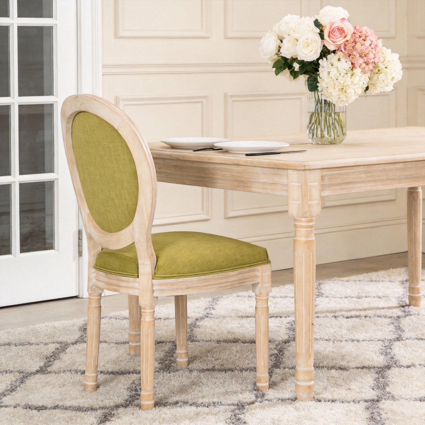 French Country Dining Chairs Set Of 2, Upholstered  Chairs With  Round Back,   For Living Room, Kitchen , Restaurant Use, Green