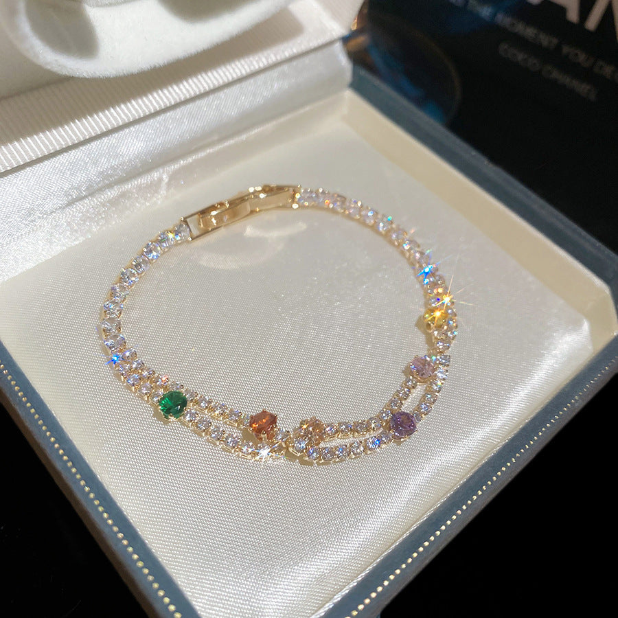 18K Real Gold Plated Simple Two Layer Round Cubic Zirconia Bracelet Dainty Exquisite Bangle Chic Fashion Jewelry