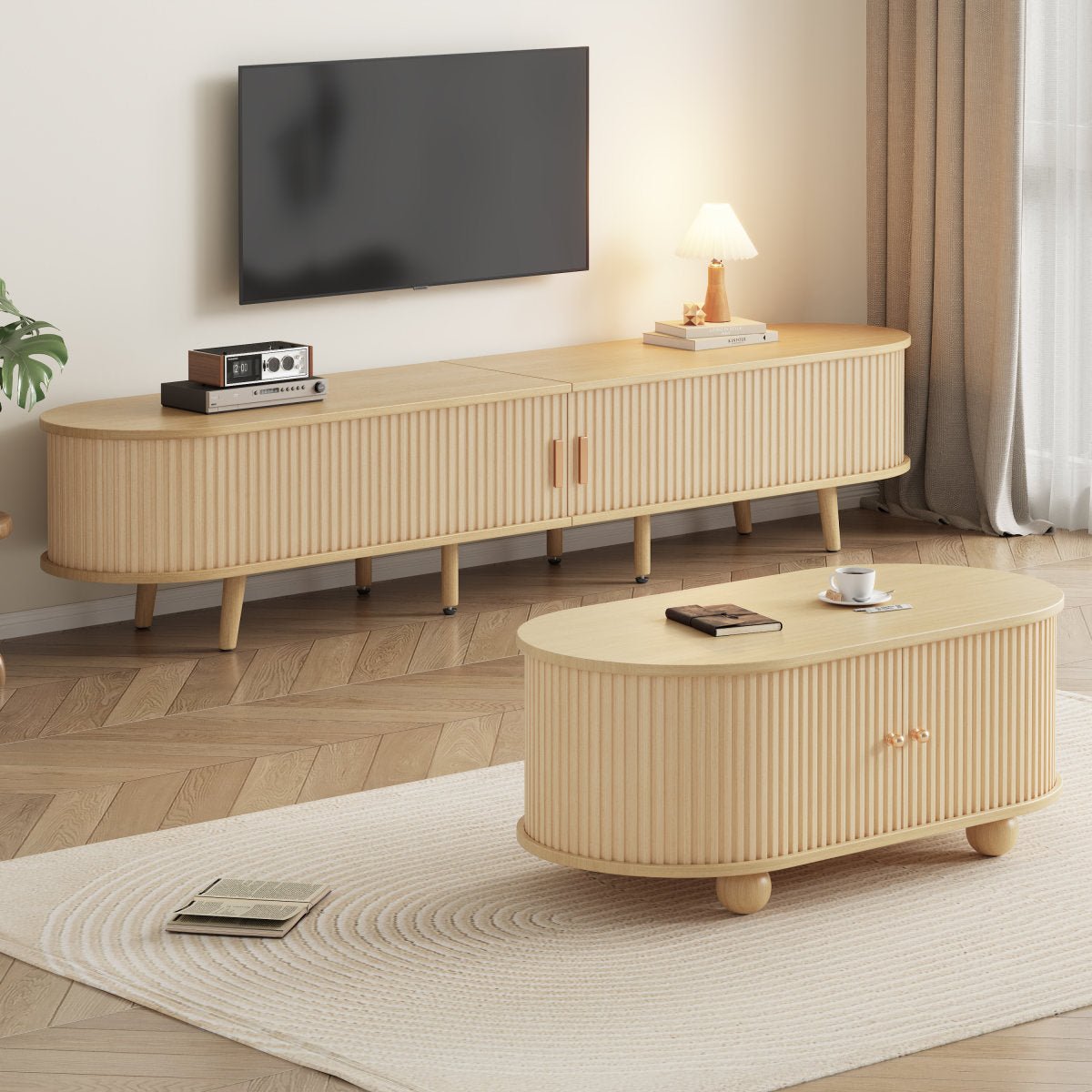 Living Room TV Cabinet With Storage  Coffee Table Combination, Oval Combination In Original Wood Color, MDF