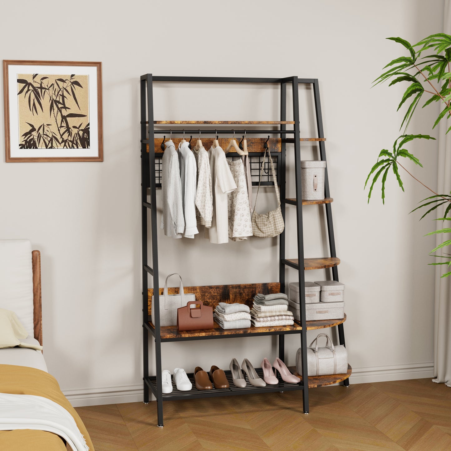 Industrial Style Freestanding Open Coat Rack With Shelves - Retro Brown Hanging Rack For Bedroom, Living Room & Home Office - Multi-Functional Clothes & Shoe Storage Organizer