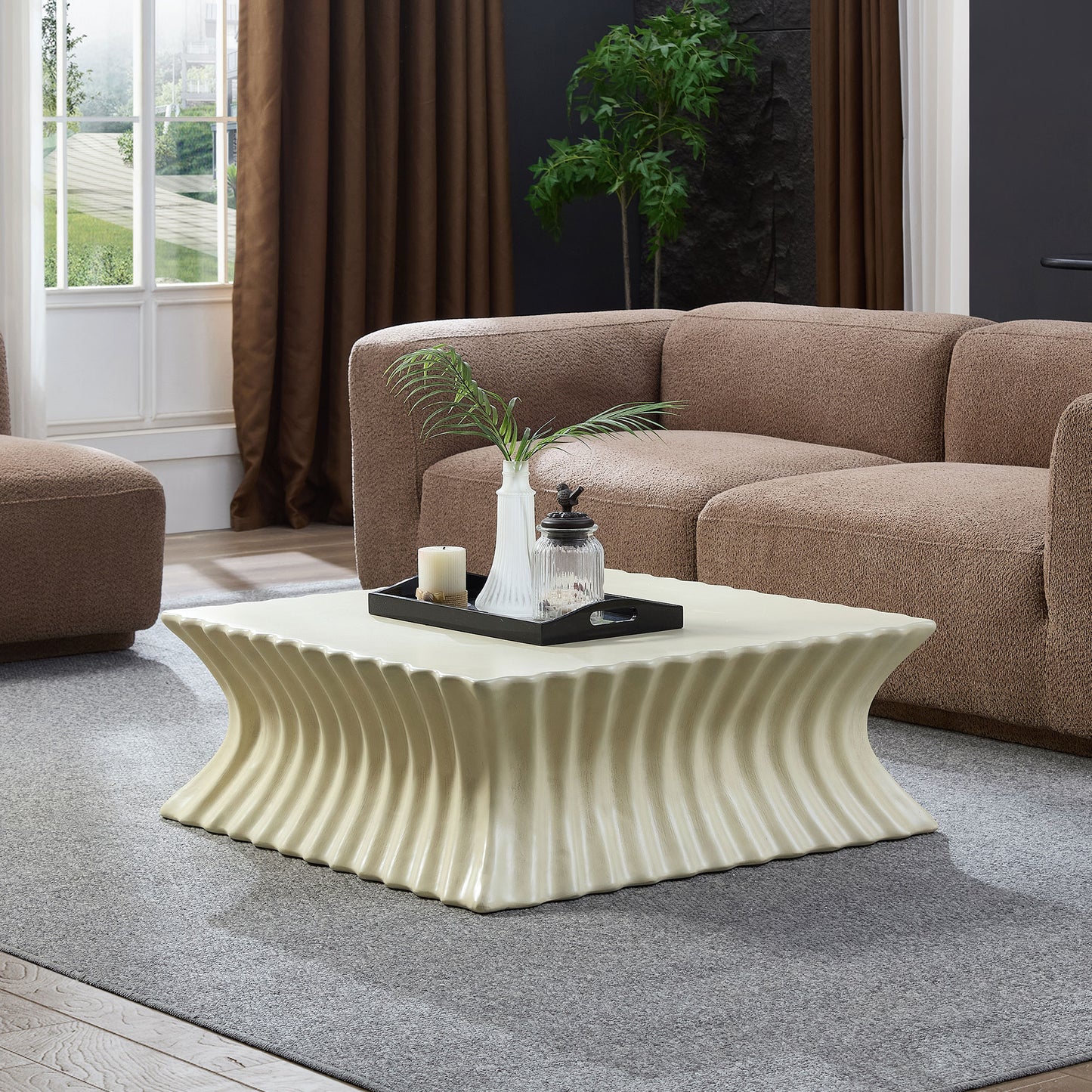 35.43 Inch Square Coffee Table Vintage Sturdy Fiberglass Table For Living Room Apartment Office No Need Assembly Beige