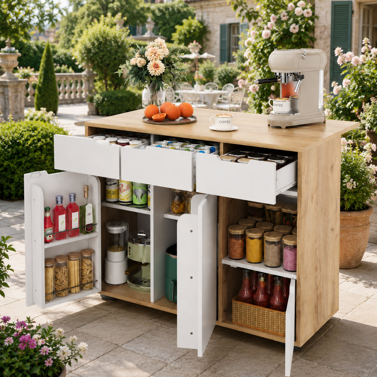 Modern Serving Trolley With 360 Swivel Castors.Intelligent Layout With Drawers, Cupboard Doors And Open Compartments.Flush Handles And Robust Construction   Ideal For Kitchen, Living Room