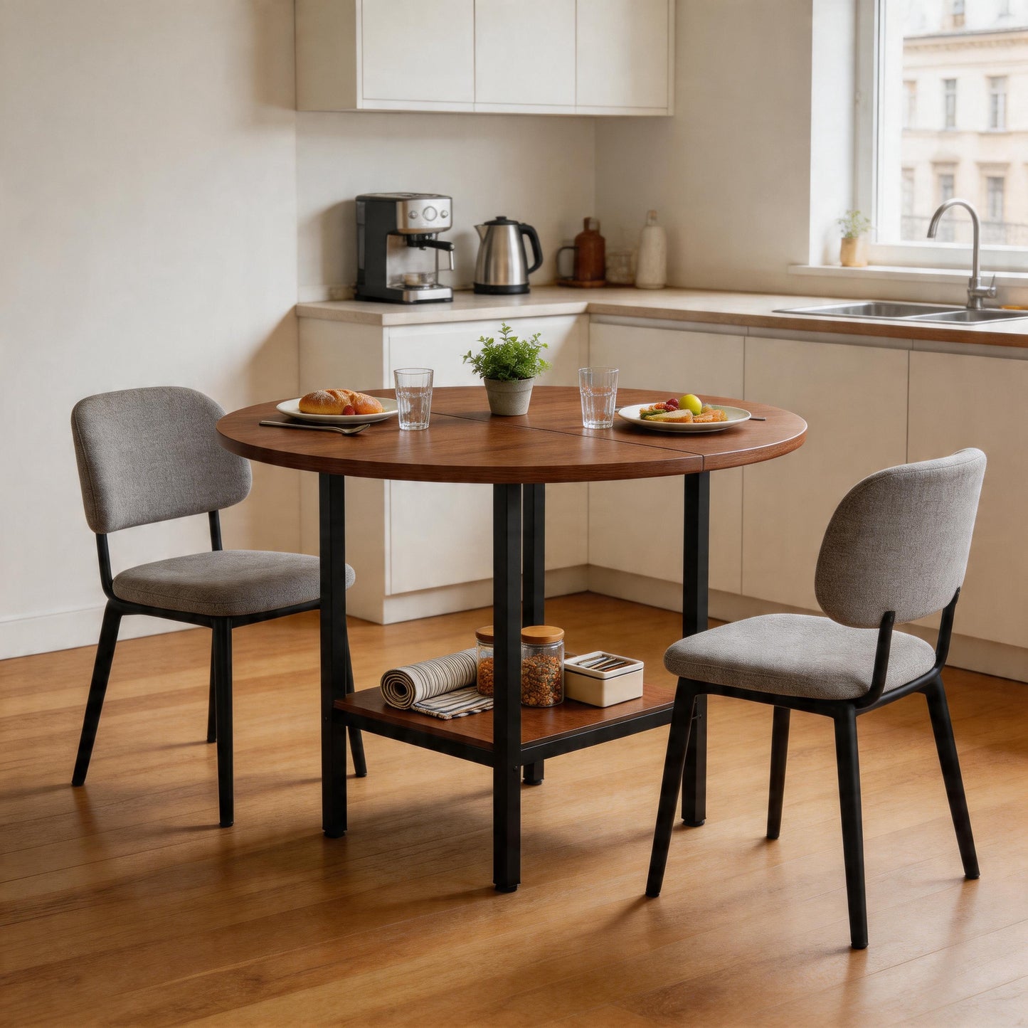 Modern Round Dining Table With Storage Shelf, Walnut Wood Grain & Metal Frame, 100cm Diameter, 4-6 People, Ideal For Kitchen, Dining Room & Small Rooms