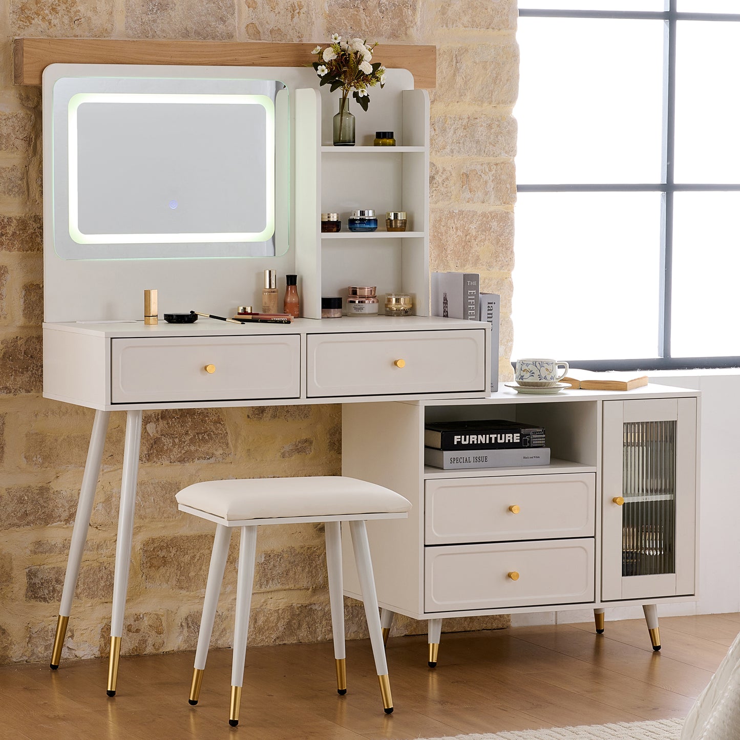 Modern Makeup Vanity Desk With Mirror And Lights, Retractable Dressing Table With Drawers And Cabinet, Compact Makeup Table Set With Power Outlet For Bedroom, White