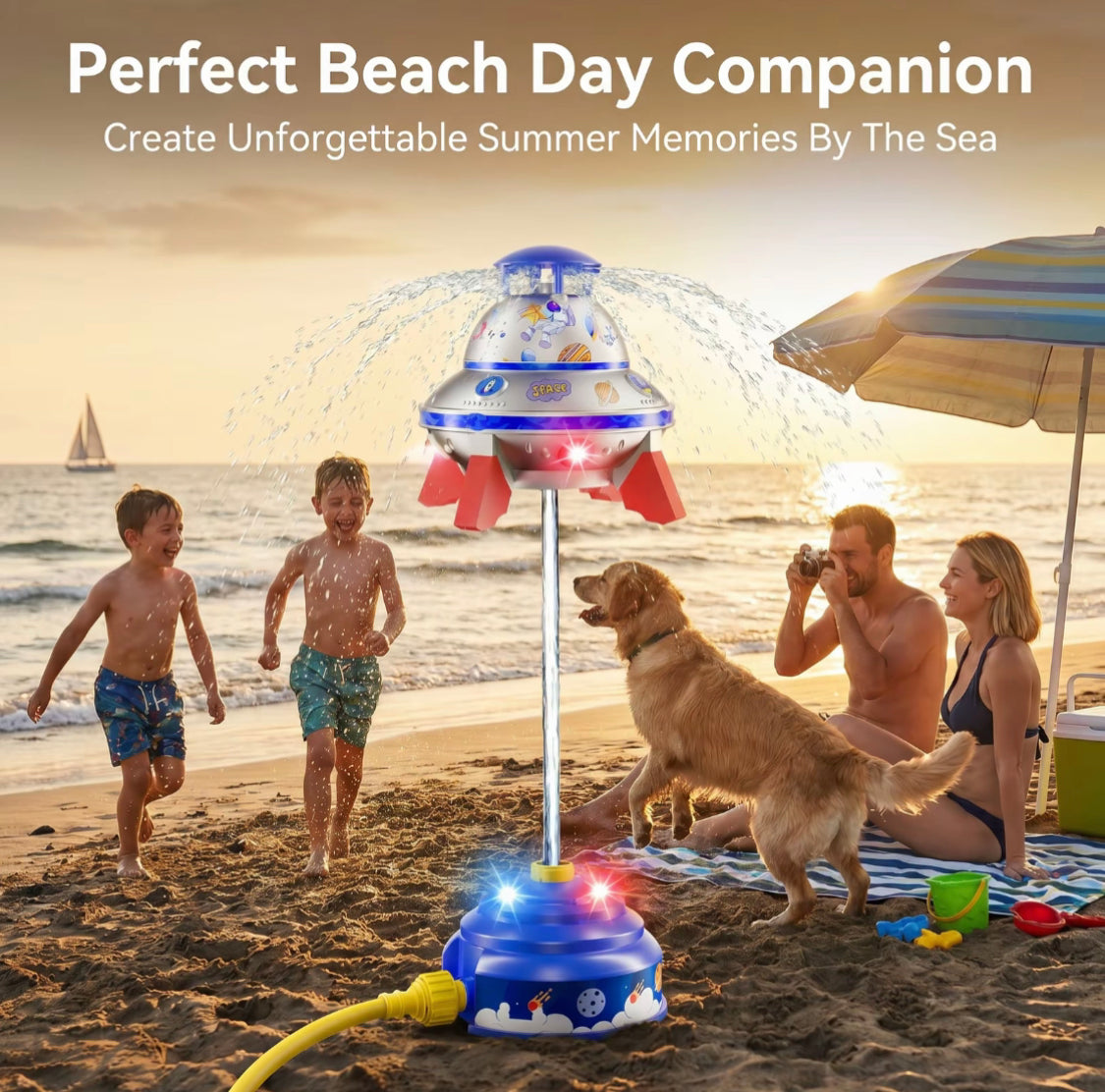Kids UFO Rocket Water Sprinkler, Flying Saucer Water Launcher With Colorful LED Flashing Lights & DIY Stickers, Outdoor Summer Water Toy For Yard & Garden