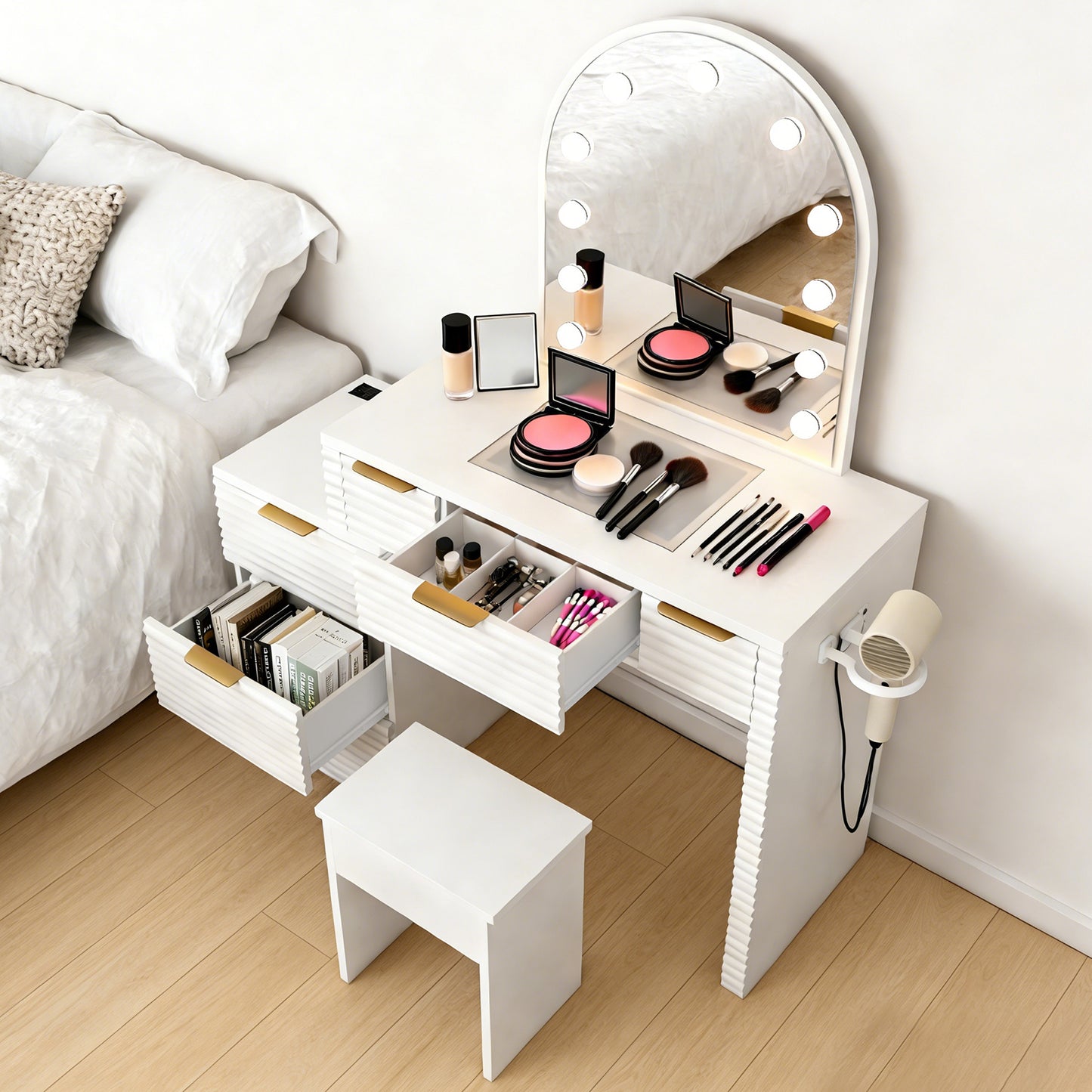 Makeup Vanity Desk With Mirror Lights Glass Tabletop 3 Lighting Modes Adjustable Vanity Table Modern Makeup Desk With Chair Power Outlet And 6 Drawers For Bedroom