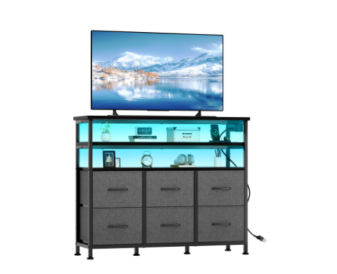39-inch TV Stand For Up To 45 Inch TVs, Entertainment Center With RGB LED Lights & Charging Station, Media Console With 6 Fabric Drawers