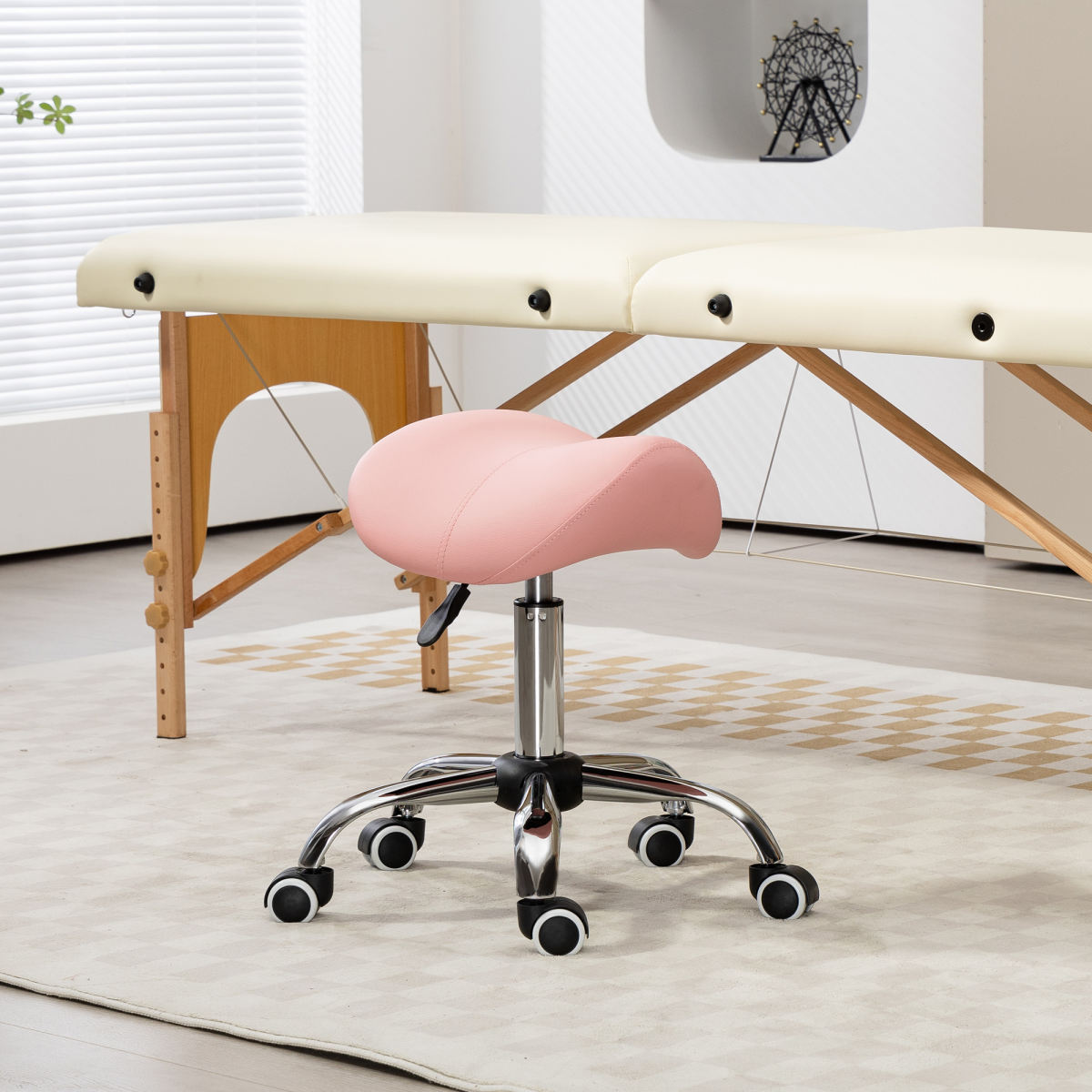 Saddle Stool, Height Adjustable Salon Chair For Massage Spa, Faux Leather, Pink