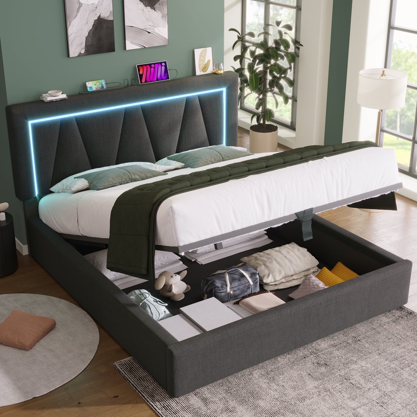 Upholstered Bed LED Double Bed With USB Type C Charging Function And LED Lighting,Storage Beds Bed Frame Made Of Linen Material Youth Bed 160x200 With Slatted Base Without Mattress