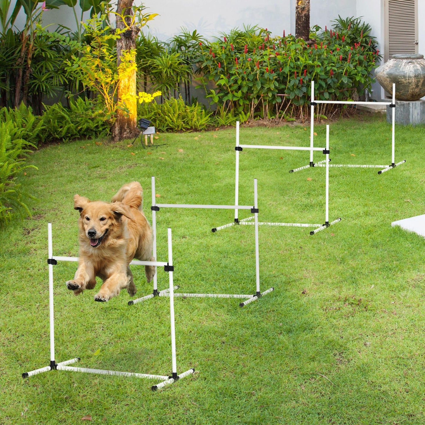 PawHut 4 Pieces Dog Agility Training Equipment, Adjustable Height Jumps Hurdle With Carrying Bag For Outdoor, White