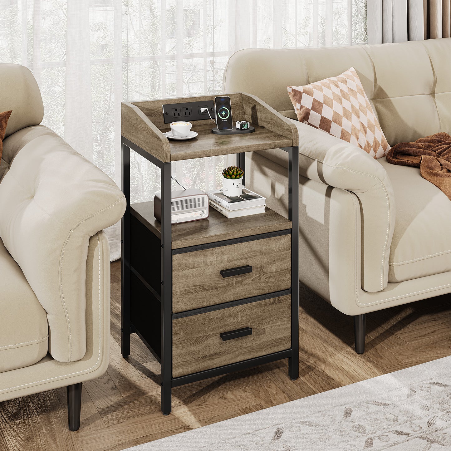 Nightstand With Charging Station Modern Bedside End Side Table With Guardrail Storage Shelf 2 Fabric Drawers USB Ports AC Outlets