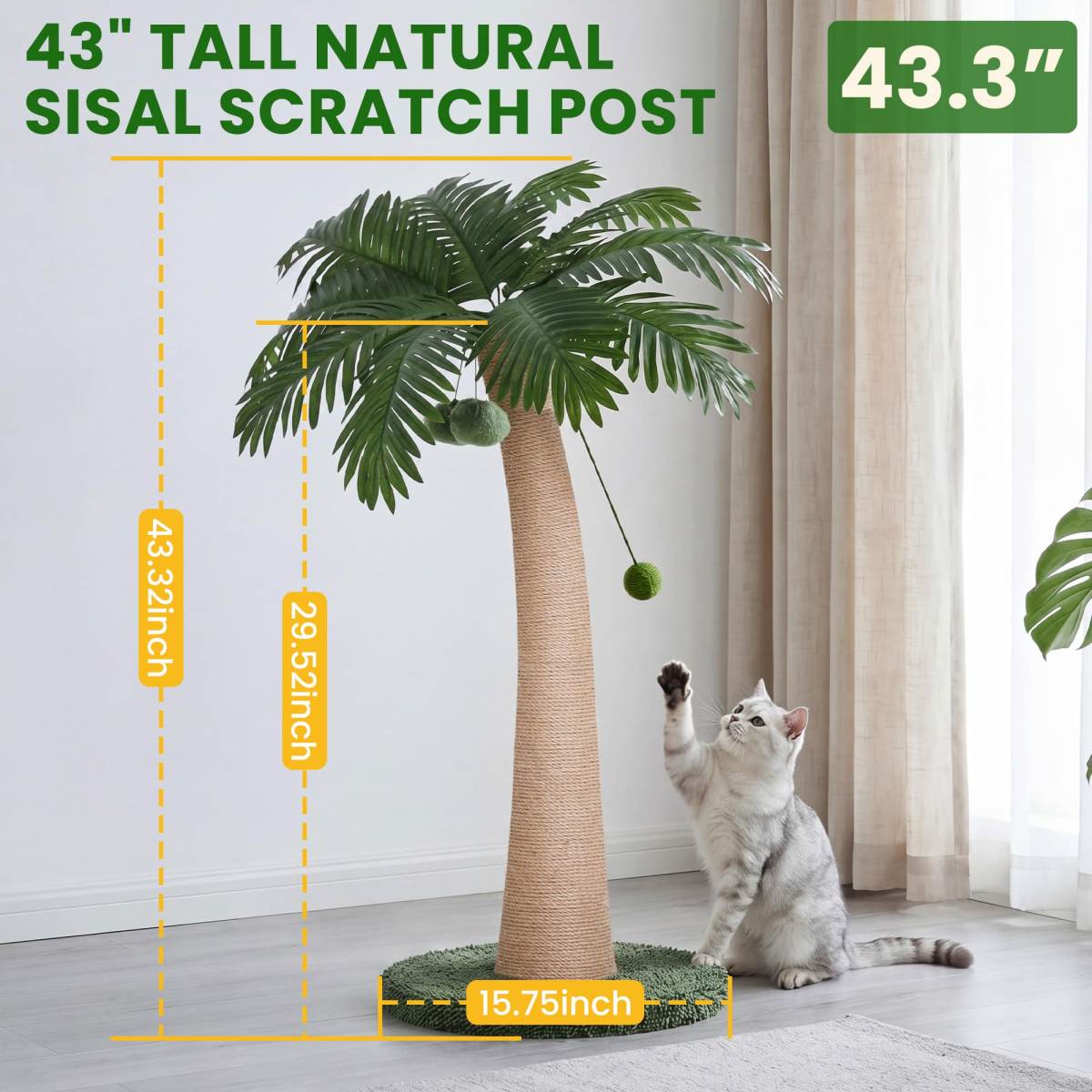 43 Inch Tall Cat Scratching Post For Indoor Large Cats, Natural Sisal Scratch Post With Hanging Toys, Stable Base Cat Scratcher For Kittens &  Cats, Tropical Cat Tree Furniture