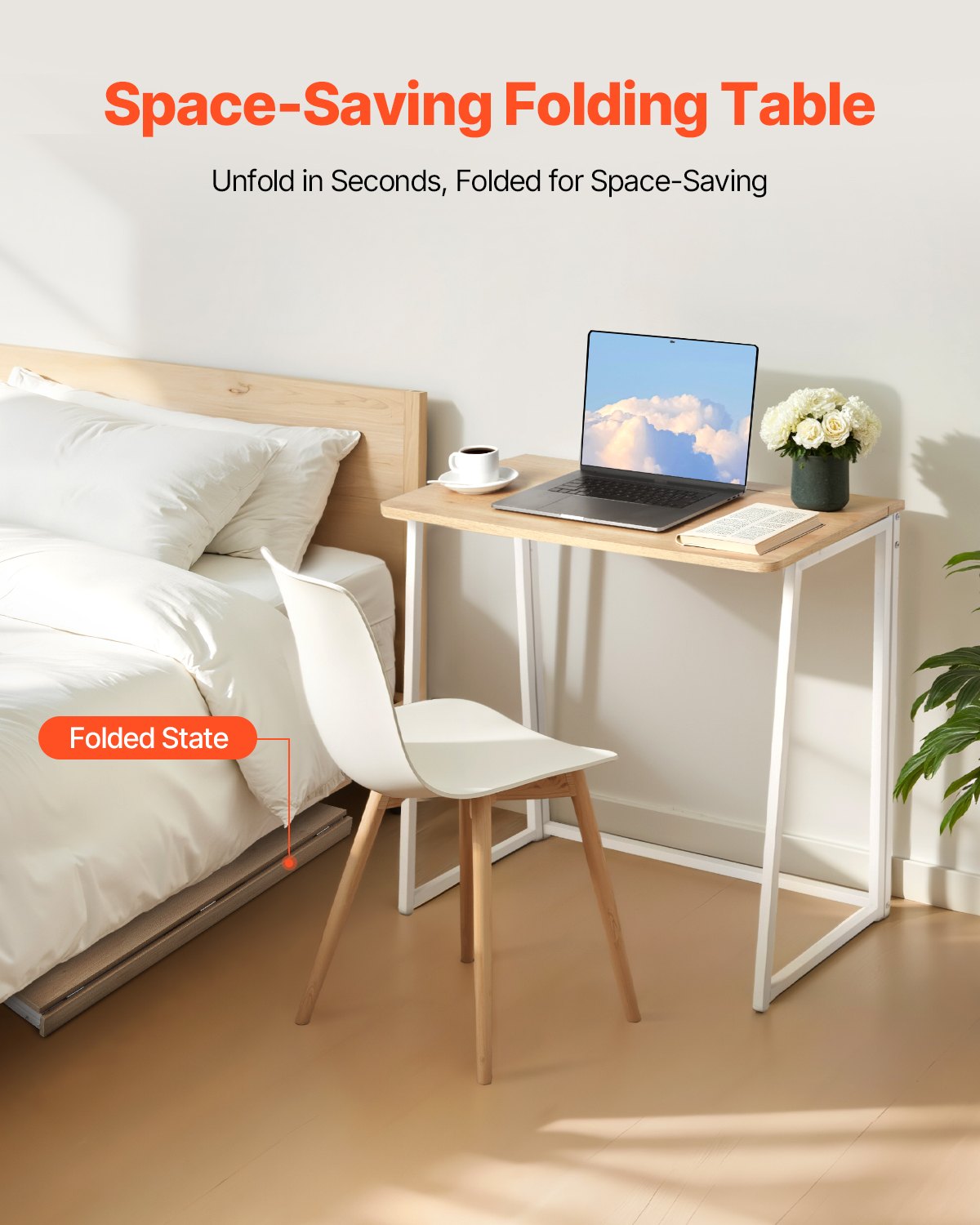 Folding Desk, 31.5" Foldable Table For Small Spaces With Storage Hooks, Space Saving Computer Table, Writing Workstation For Home Office, Easy Assembly, Oak