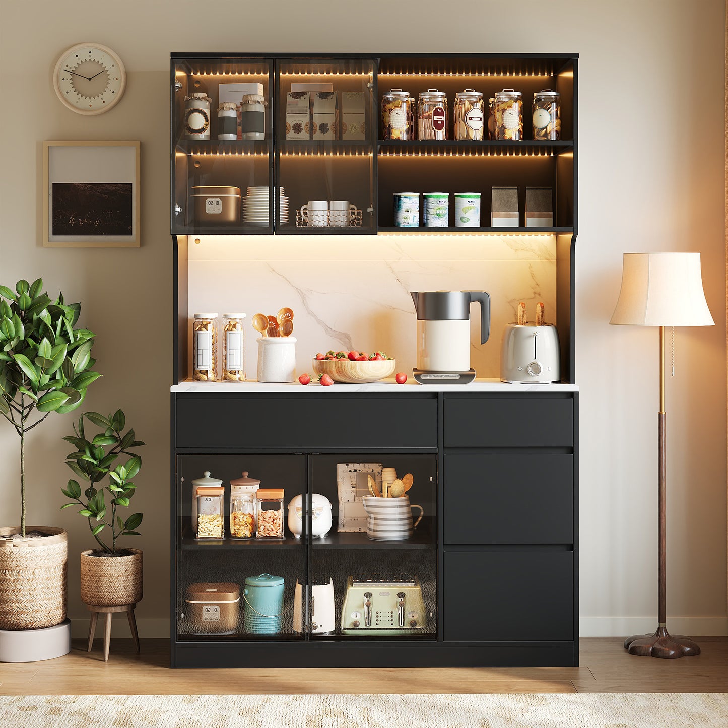 Tall Cabinet, Display Cabinet, Sideboard, Dining Room Cabinet, Living Room Cabinet, Black And White Look, Marble-look Middle Section, MDF Body, Glass Elements, Integrated LED Lights, Versatile Storage