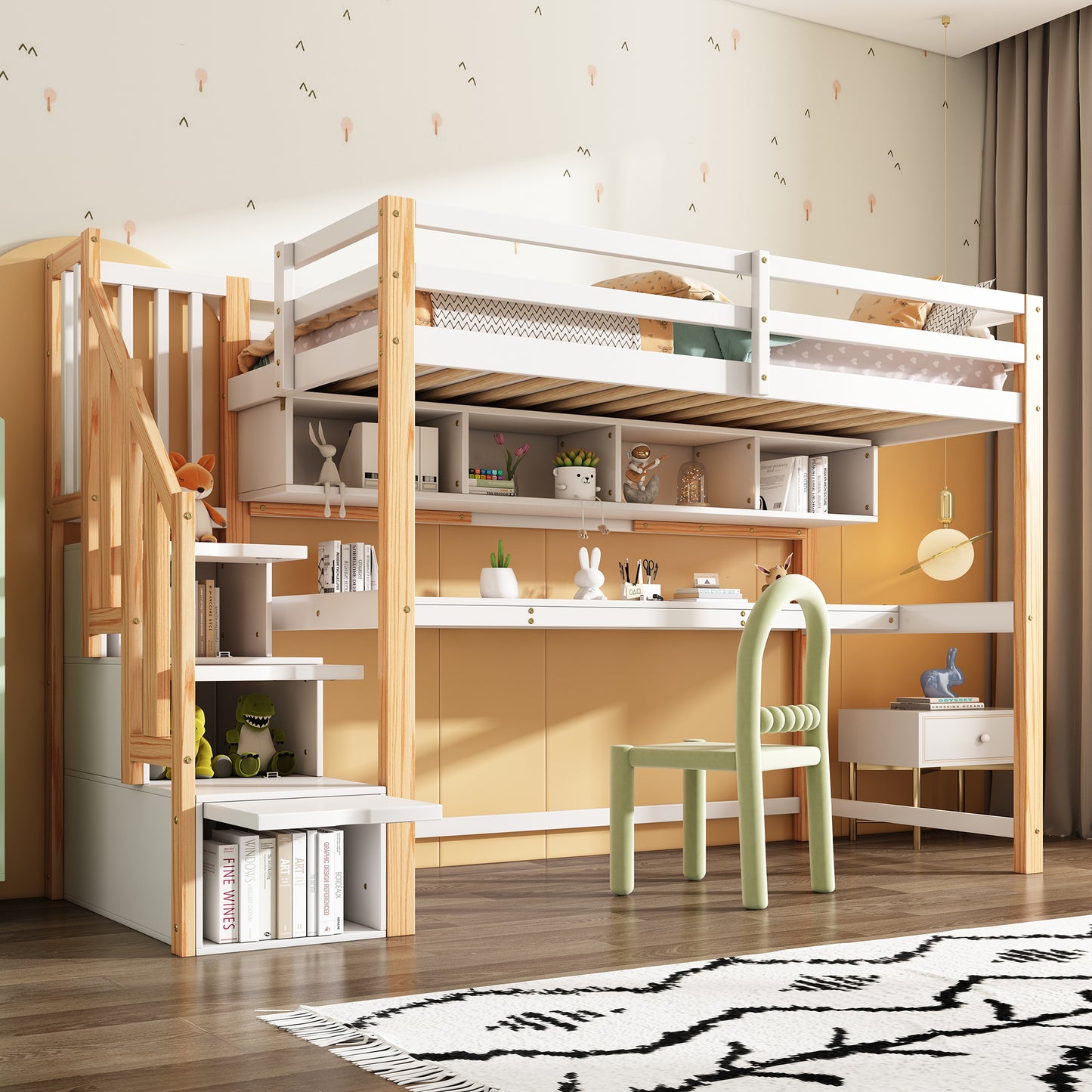 Children's Loft BedChildren's Bed With Large Desk And Shelves, Eco-Friendly Colors, Natural And White