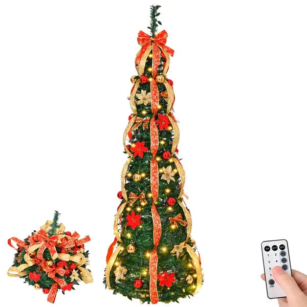 6 FT Fully Decorated Pre-lit Christmas Tree, Pop Up Artificial Xmas Tree With 150 Warm Lights Battery Operated And Red & Golden Ornaments For Home Office Store Holiday Deco