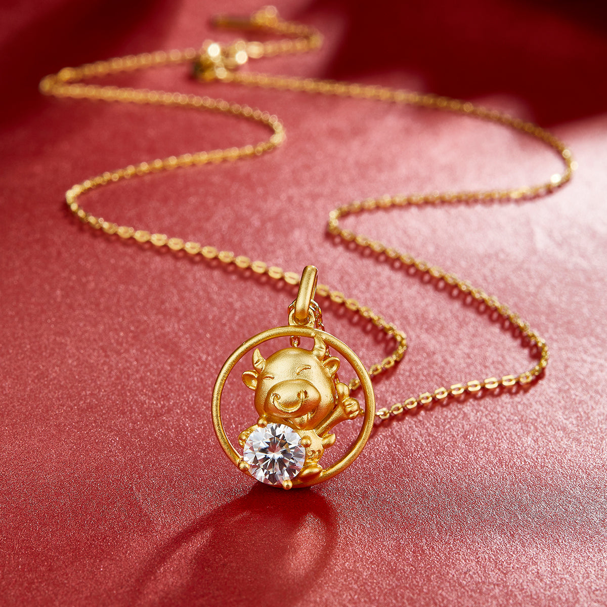 S925 Sterling Silver Gold Plated 1ct D Color VVS1 Moissanite Ox Necklace 4.8g Chinese Zodiac Benmingnian Gift GRA Certified Gift Box