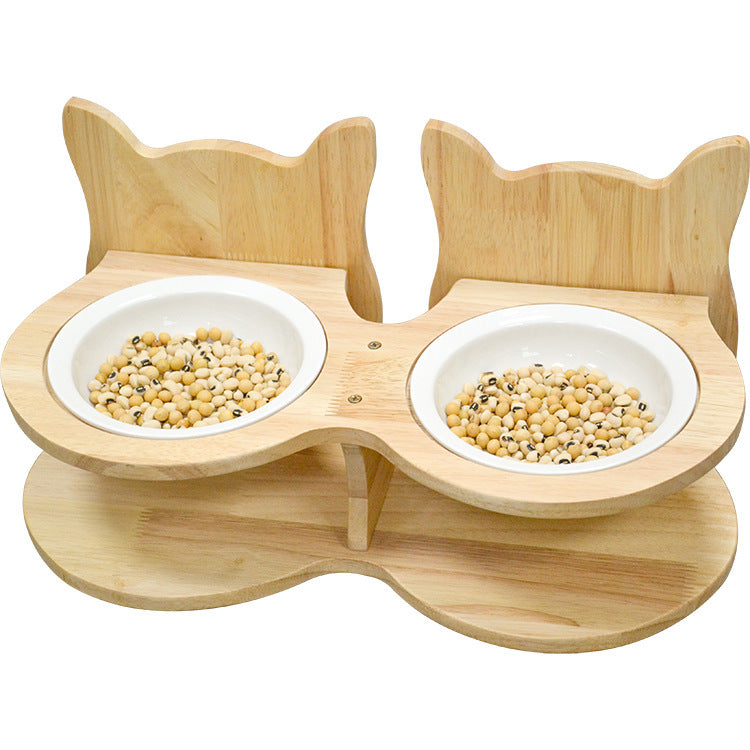 Bamboo And Wood Pet Cat Food Stand With Ceramic Bowl Tray