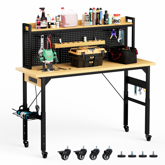 71 Adjustable Workbench With Pegboard, Heavy Duty Wooden Desktop Workbench With Wheels, 1600 Lb. Load Capacity, Rolling Workbench With AC USB Outlet, Hooks, Shelf, For Garage, Workshop, Office, Home.