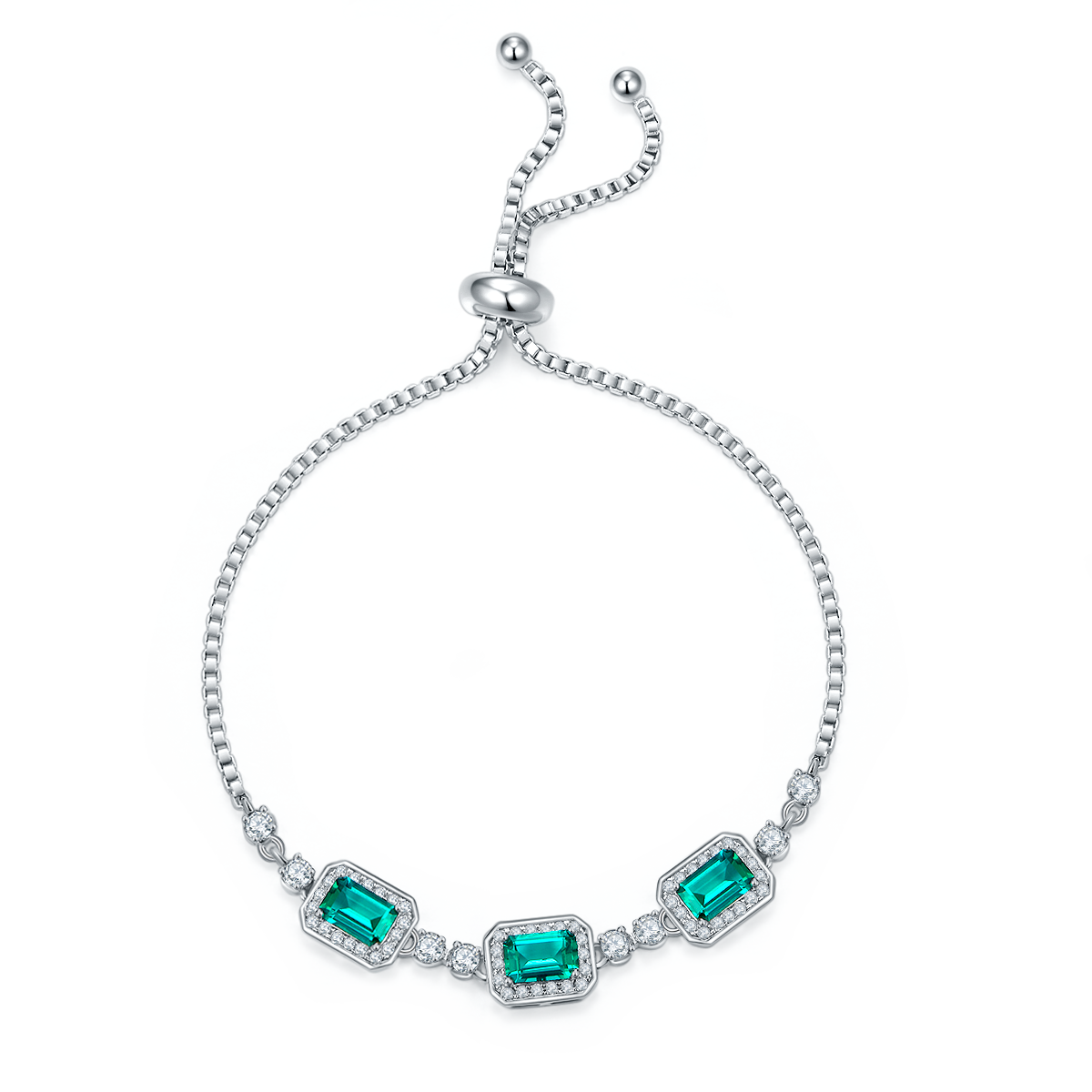 S925 Sterling Silver Adjustable Bolo Bracelet, 6x4mm 3-Stone Lab-Grown Emerald Sapphire Halo, 21cm Platinum Plated 6.2g Women's Jewelry Gift Box