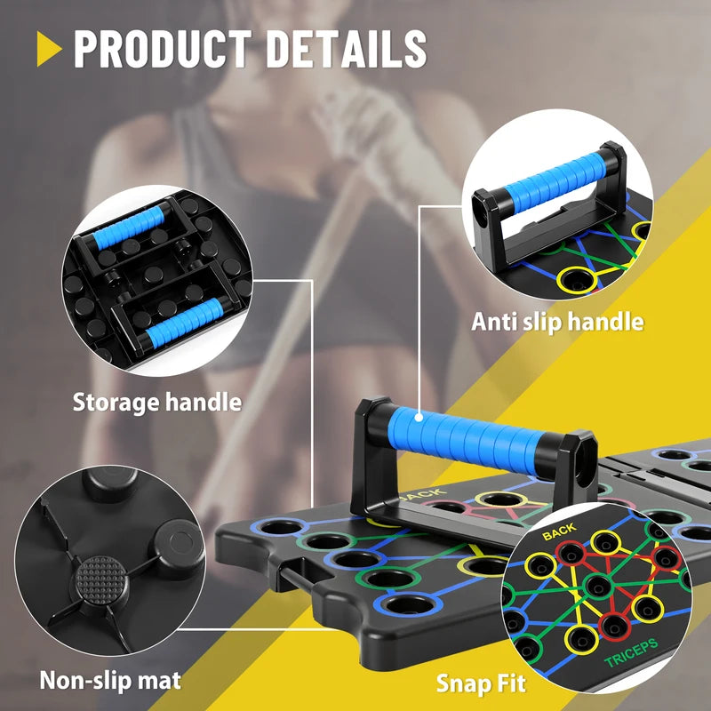 Portable Foldable Multi-Purpose Push-Up Board with Handles and Resistance Bands - Fitness Equipment, Home Gym Indoor Training