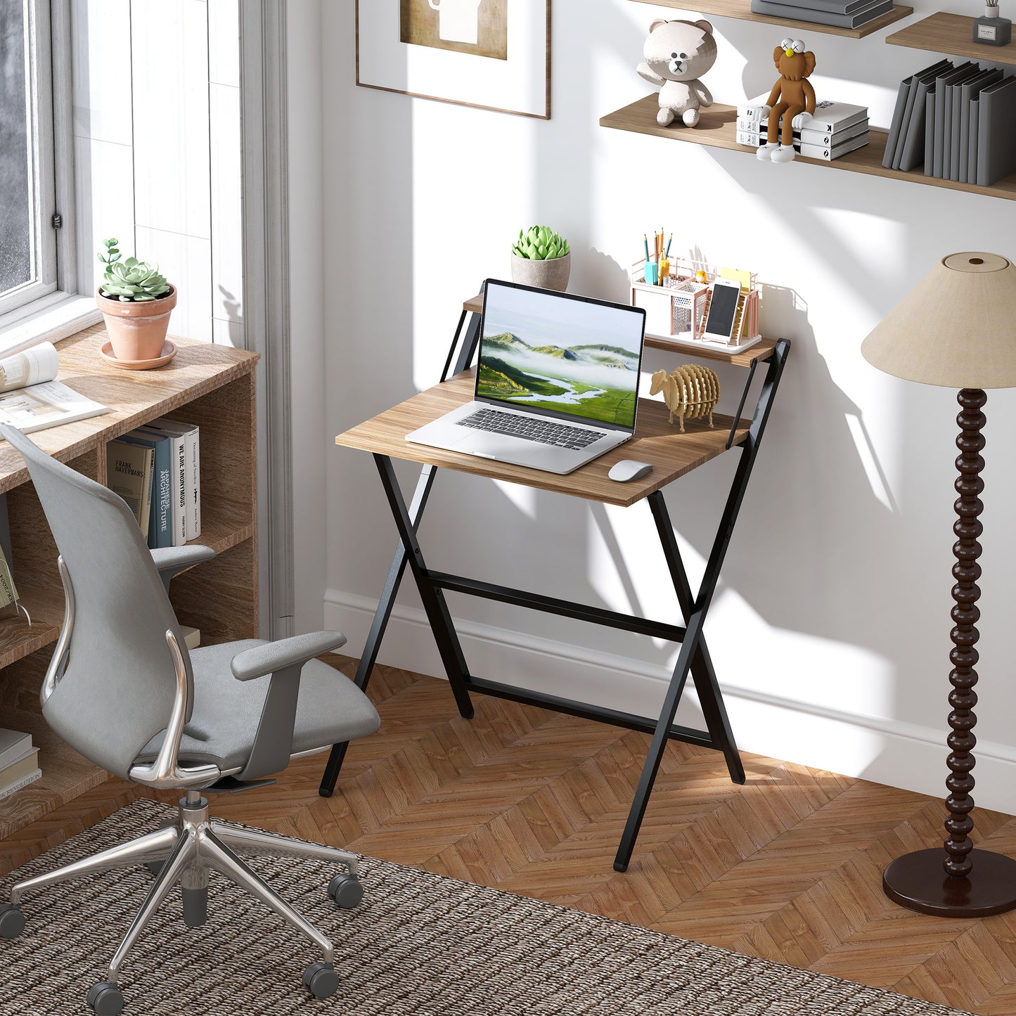 Folding Computer Desk, 27.6" Foldable Desk with Monitor Shelf for Small Space, Home Office, Study, Easy Assembly, Walnut