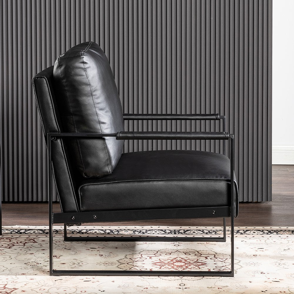 Classic Mid Century Modern Accent Chair With Durable Square Metal Frame, Armchair For Living Room, Bedroom, Home Office In Spotted Microfiber Upholstery, Black -PU Leather