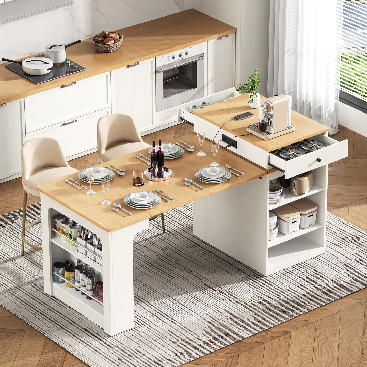 K&K 59.5   Kitchen Island With Extendable Dining Table, Kitchen Storage Table With Double-sided Storage, Kitchen Island With 2 Drawers, Power Outlet, Side Open Shelves, For Kitchen, Dining Room, White