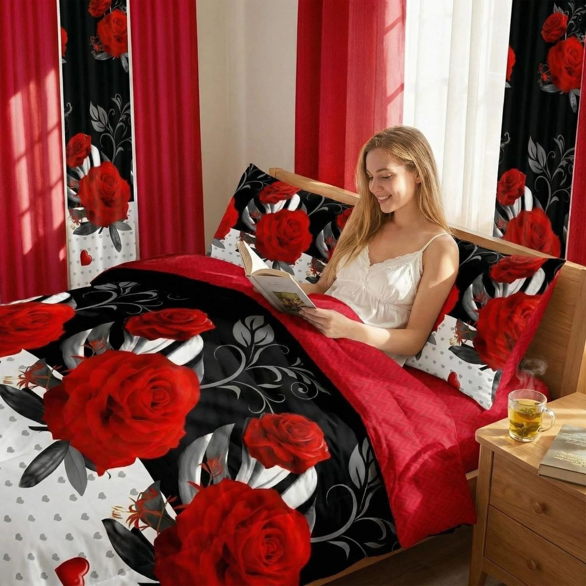 9 Piece Room In A Bag Quilt And Curtain Set, US Designer Romantic Red Rose Print Heavyweight Bedspread With 6 Customizable Window Panels, Pet-Friendly High GSM Coverlet