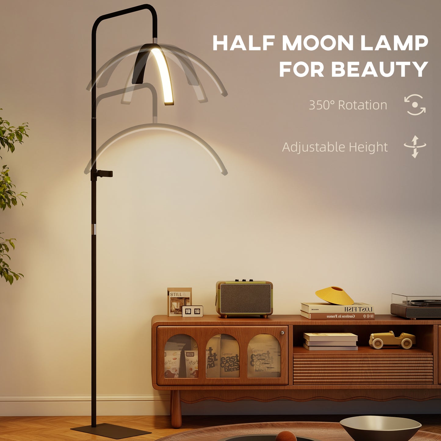 Half Moon Lash Light, Beauty Floor Lamp With 350 Degrees Rotatable Head, 7 Colour Temperature And Phone Holder, Dimmable Standing Lamp For Eyelash Extension, Tattoo, Nails, Skincare, Black