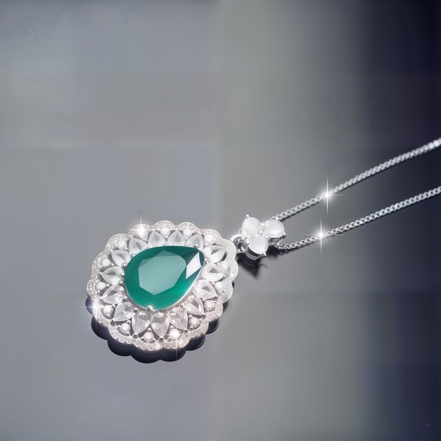 Pear Cut Simulated Emerald Double Halo Pendant Necklace For Women, Copper Plated Silver Pear Shape White Cubic Zirconia Vintage Floral Royal Bridal Wedding Statement Jewelry Gift