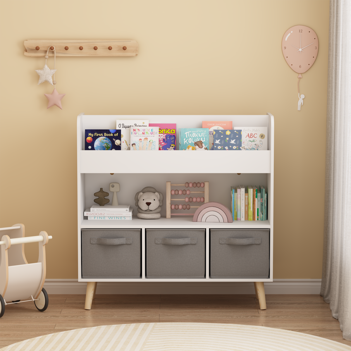 Kids Bookshelf With 3 Fabric Bins, Modern Children's Bookcase With Storage For Toys And Books, Toddler Book Organizer Shelf For Playroom, Bedroom, Or Nursery, White And Gray