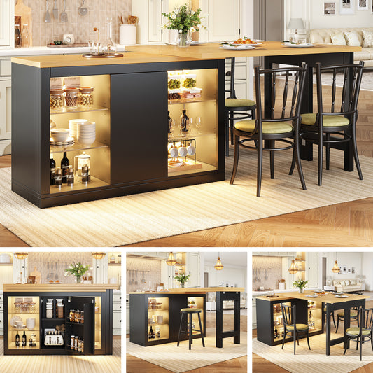 Extendable Sideboard With LED Lights, 120-197 Cm Adjustable Dining Table With Storage, Kitchen Cabinet With Glass Shelves & Snack Rack, White Black