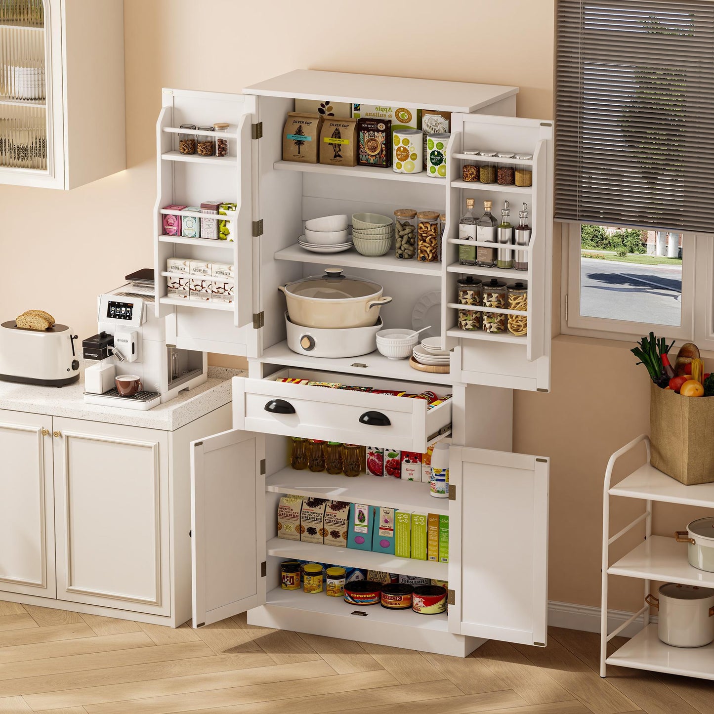 182 Cm Storage Cabinet, 4 Doors And 1 Drawer, 2 Doors With Shelves, 6 Storage Compartments And 4 Adjustable Shelves, Suitable For Kitchen, Dining Room And Living Room, White