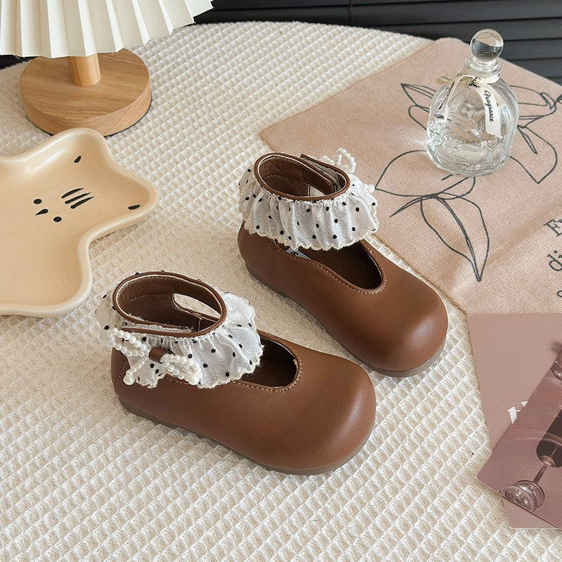 2026 Spring New Kids Princess Shoes, Lace Ruffle Pearl Decor Flats, Elegant Fashion Casual Single Shoes For Baby Girls