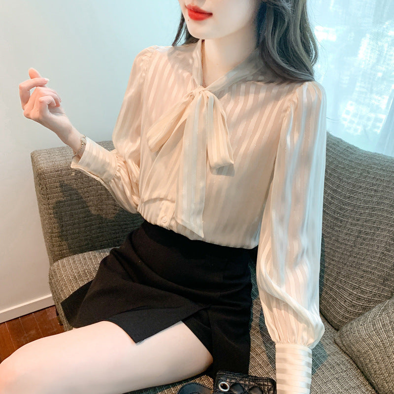 Korean-style Striped Long-sleeve Chiffon Blouse For Women