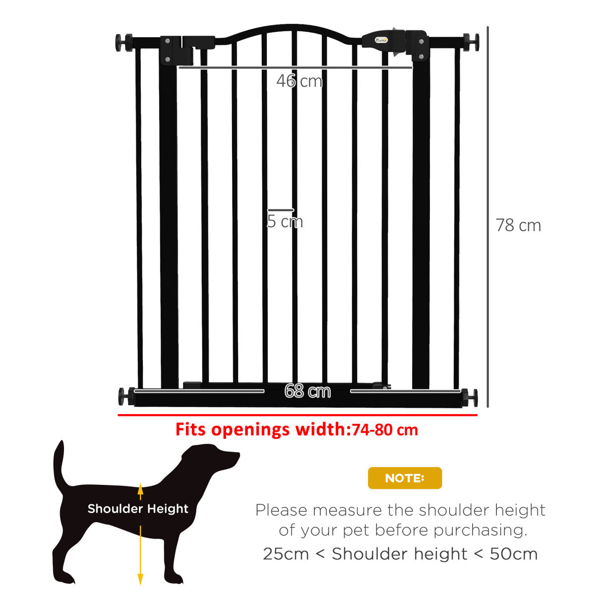 PawHut Metal 74-80cm Adjustable Pet Gate Safety Barrier W/ Auto-Close Door Black
