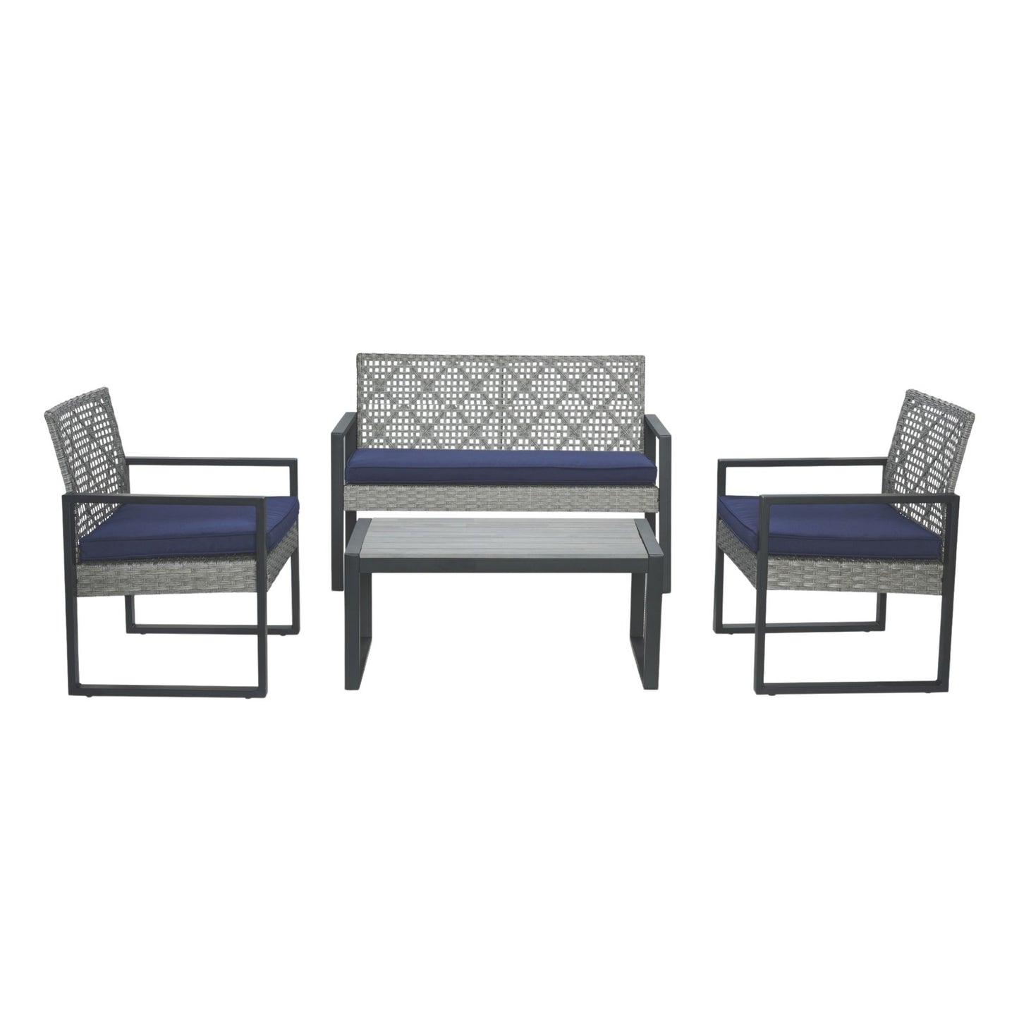 4-Piece Patio Furniture Set Outdoor Balcony Porch Garden Backyard Lawn Furniture Gray Acacia Wood Table Top, Blue Cushion And Light Gray Rattan