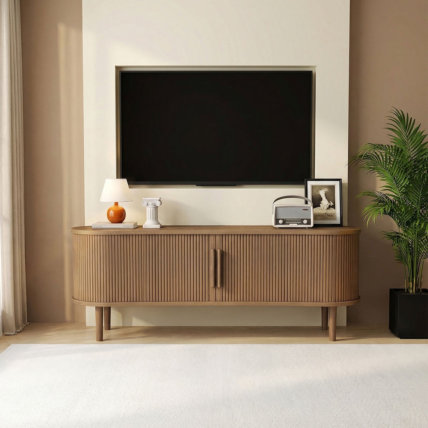 63in Fluted TV Stand Modern Media Console Table Entertainment Center With Sliding Door And Solid Wood Legs For Living Room Bedroom Office