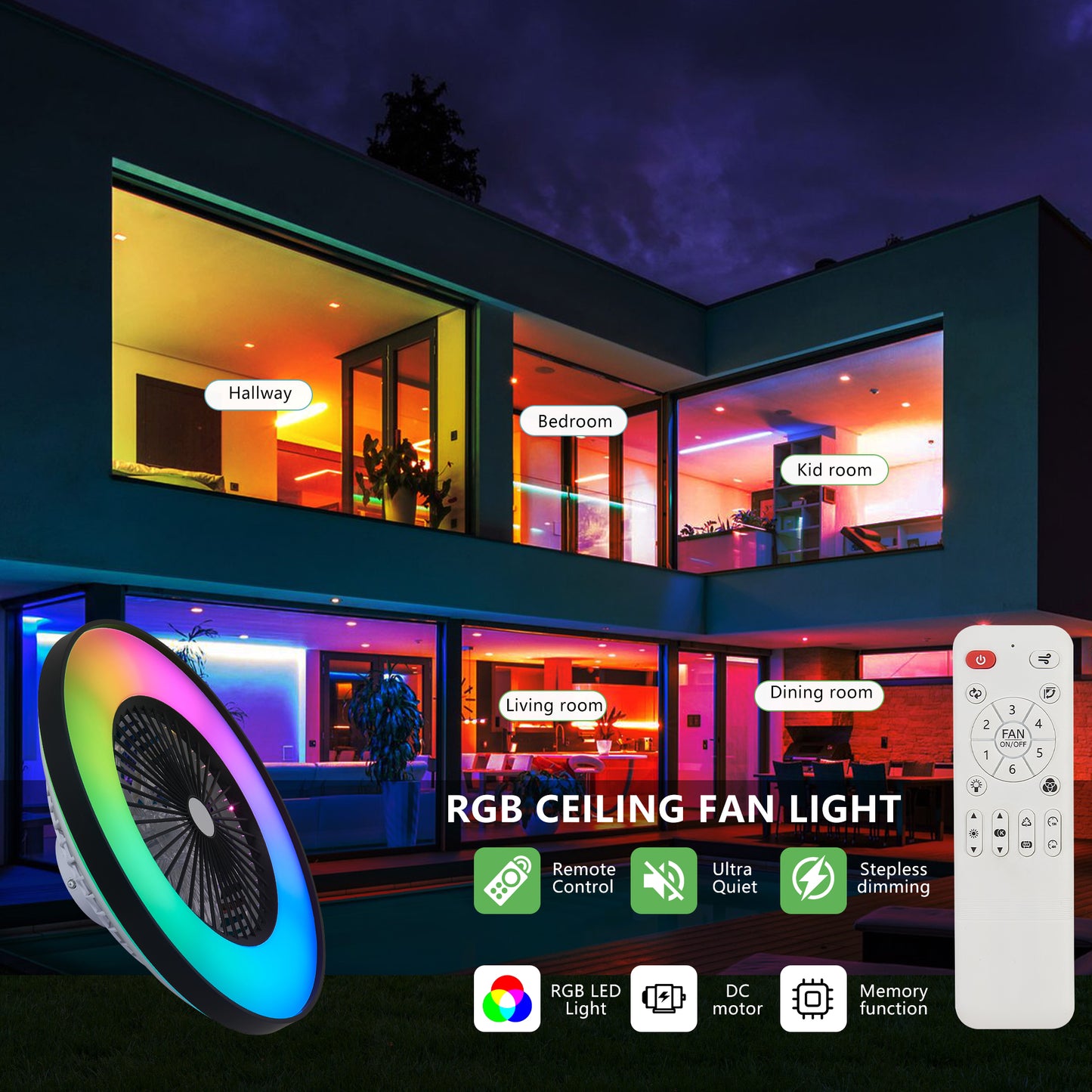 23-inch Black Ceiling Fan Light With LED RGB   Dimmable & Color-Changing, APP & Remote Control, Modern Smart Ceiling Fan For Living Room, Bedroom, And Dining Room  Silent 6-Speed Reversible DC Motor