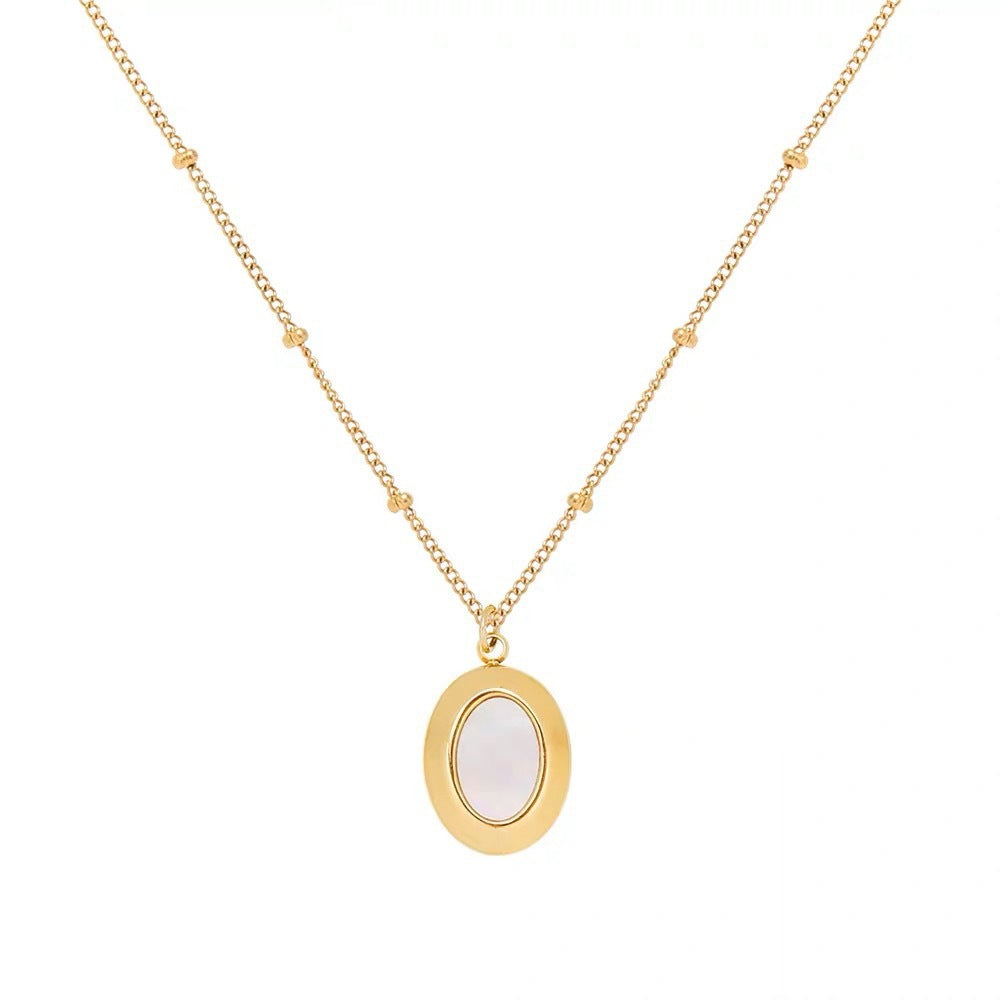 Natural Shell Oval Pendant Ball Bead Chain Clavicle Titanium Steel Plated K Gold