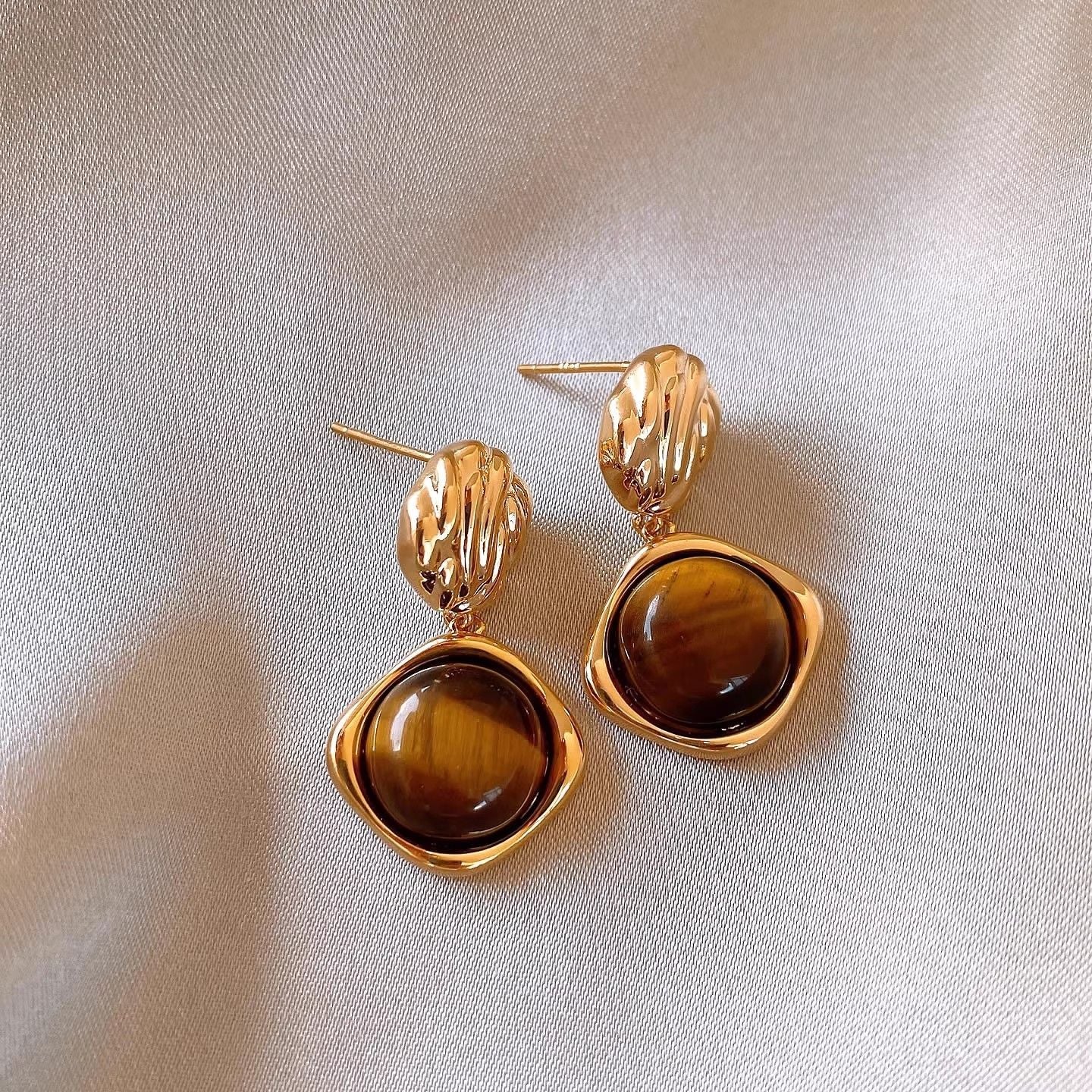S925 Sterling Silver Maillard Tiger Eye Stone Stud Earrings For Women, 2026 New Hot Selling Light Luxury High-End Autumn Winter Ear Jewelry