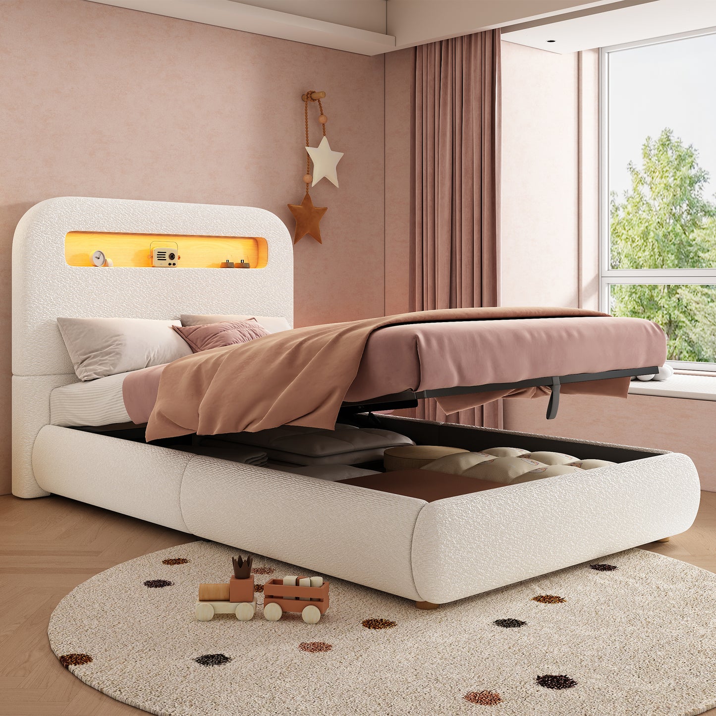 Upholstered Bed, Single Bed, Cot 90 X 200cm, Hydraulic Functional Bed, Bed With Slatted Base, Headboard And Large Storage Space, LED Lighting, Solid Wood Legs, White, Boucle