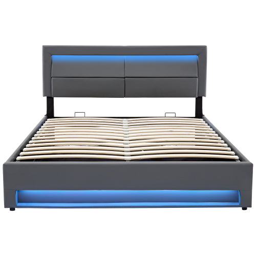Upholstered Bed 150 X 200 Cm, King Size Bed-5ft,with USB Port Supports Wireless And Wired Charging, With LED Lighting And Storage Space, Without Mattress, PU Lychee Pattern, Grey
