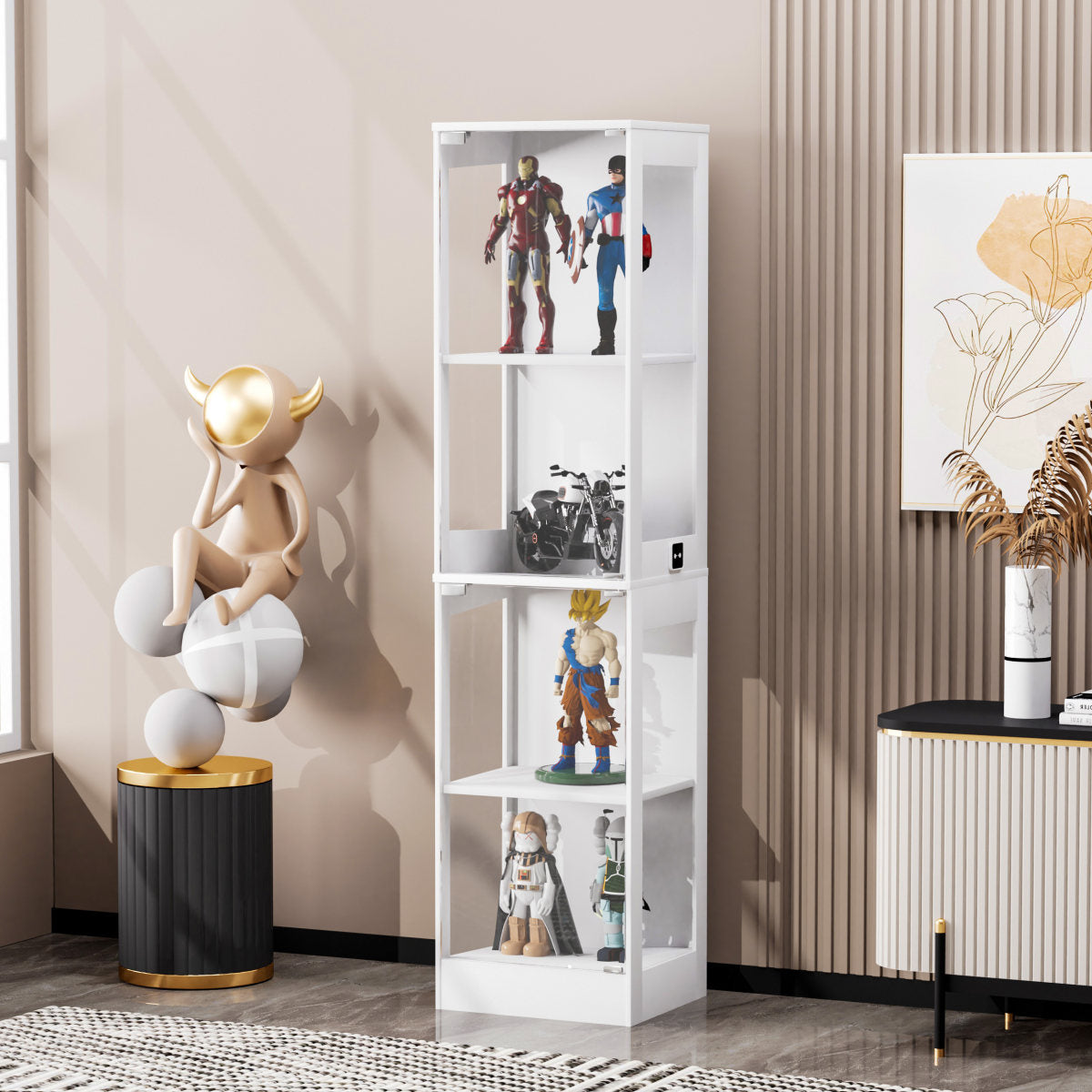 Four-storey Glass Display Case With Storage Space, LED Lighting, Glass Doors And Smart Sensors. Suitable As A Dustproof Glass Cabinet For Living Rooms, Bedrooms And Offices. White.40X35X165cm