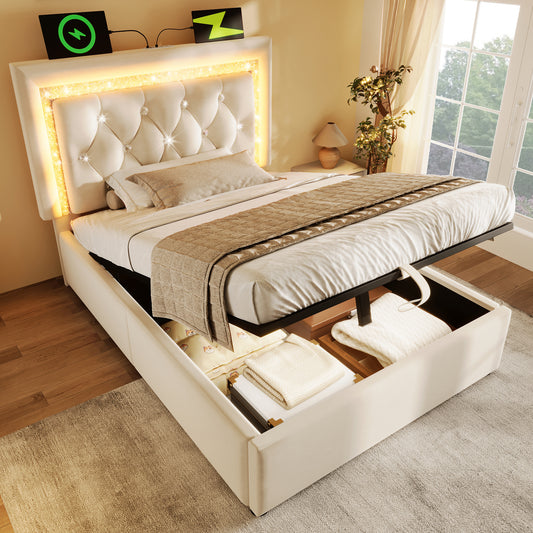 Upholstered Bed 90x200 Cm Velvet Single Bed With LED Diamond Band In The Headboard, USB & Type-C Charging Station, Hydraulic Bed Base With Storage Space, Modern Youth Bed With Slatted Frame, Beige