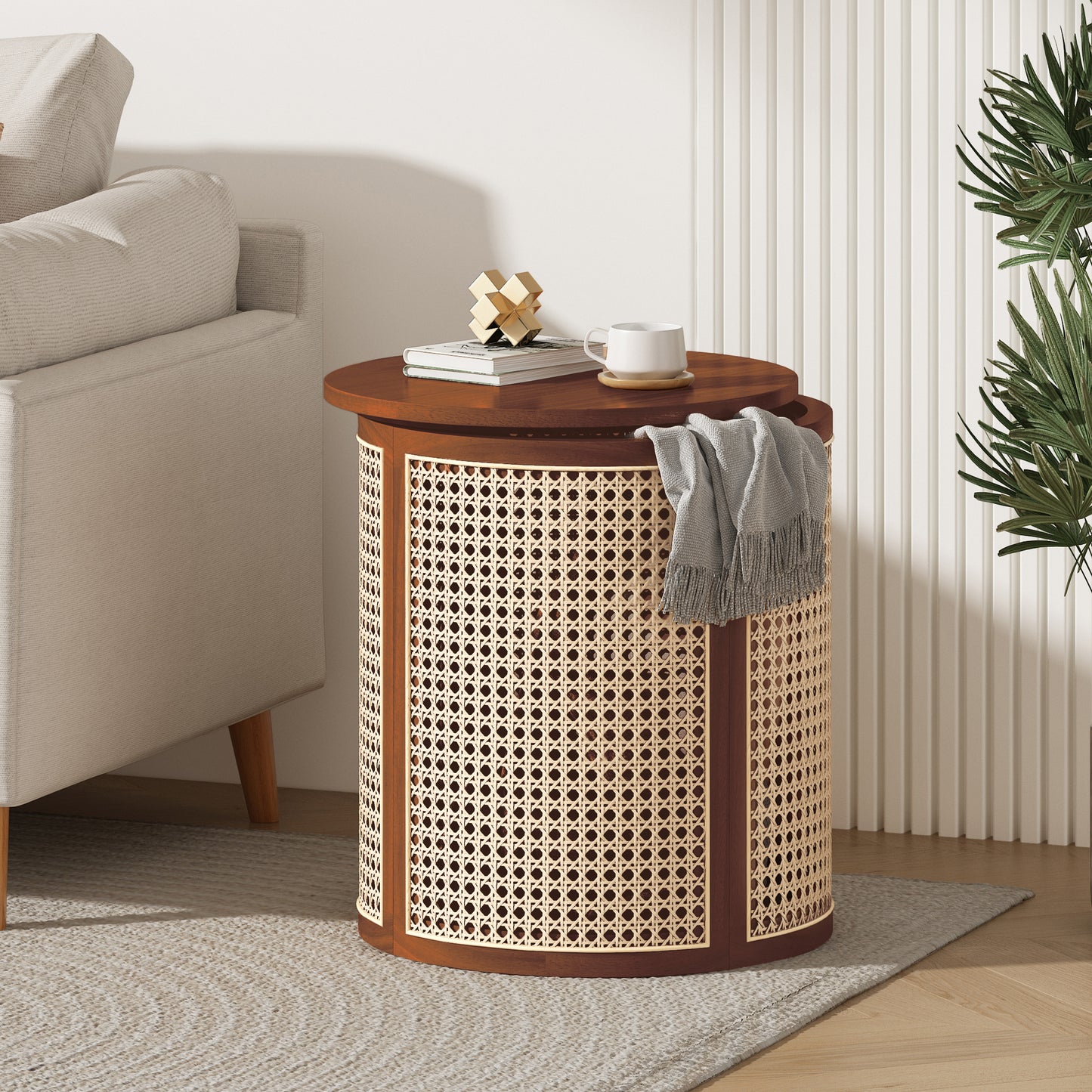 15.70  Round End Table, Hollow Woven Side Table, Small Rubber Wood Nightstand, Rattan Woven Tea Desk, Round Wood Tabletop, Chic Home Decor Desk, Easy Assembly, Dark Brown Color