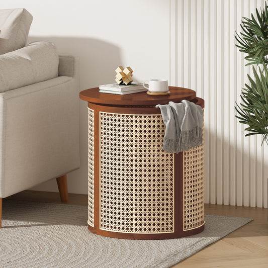 15.70  Round End Table, Hollow Woven Side Table, Small Rubber Wood Nightstand, Rattan Woven Tea Desk, Round Wood Tabletop, Chic Home Decor Desk, Easy Assembly, Dark Brown Color