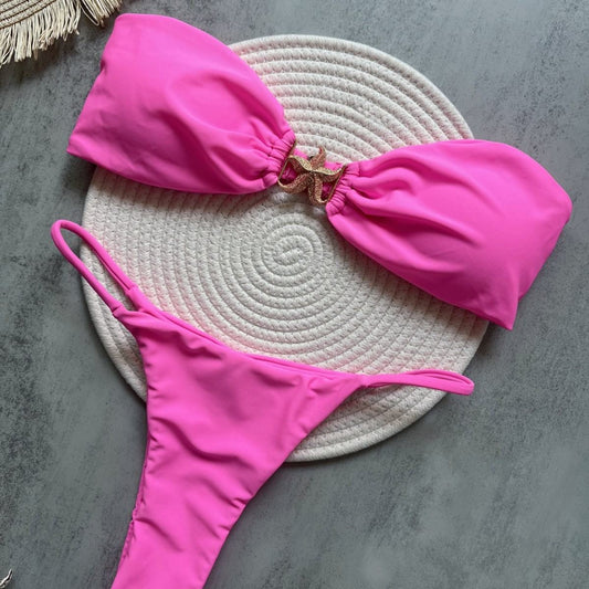 Five-pointed Star Accessories Pure Color Bikini Swimsuit
