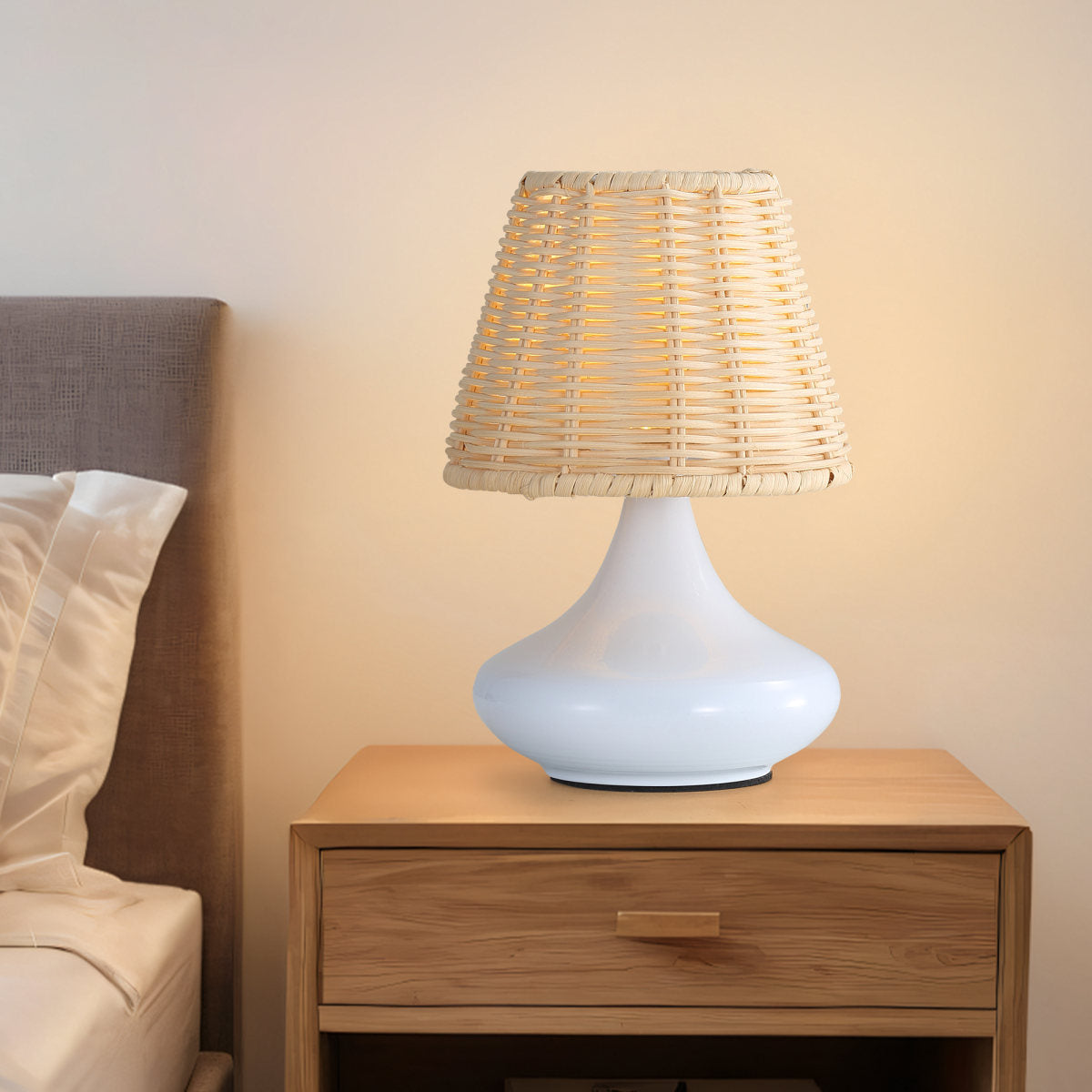 White Woven Bamboo Table Lamp Dimmable Desk Lamp Night Light With Iron Base & Three Color Temperatures